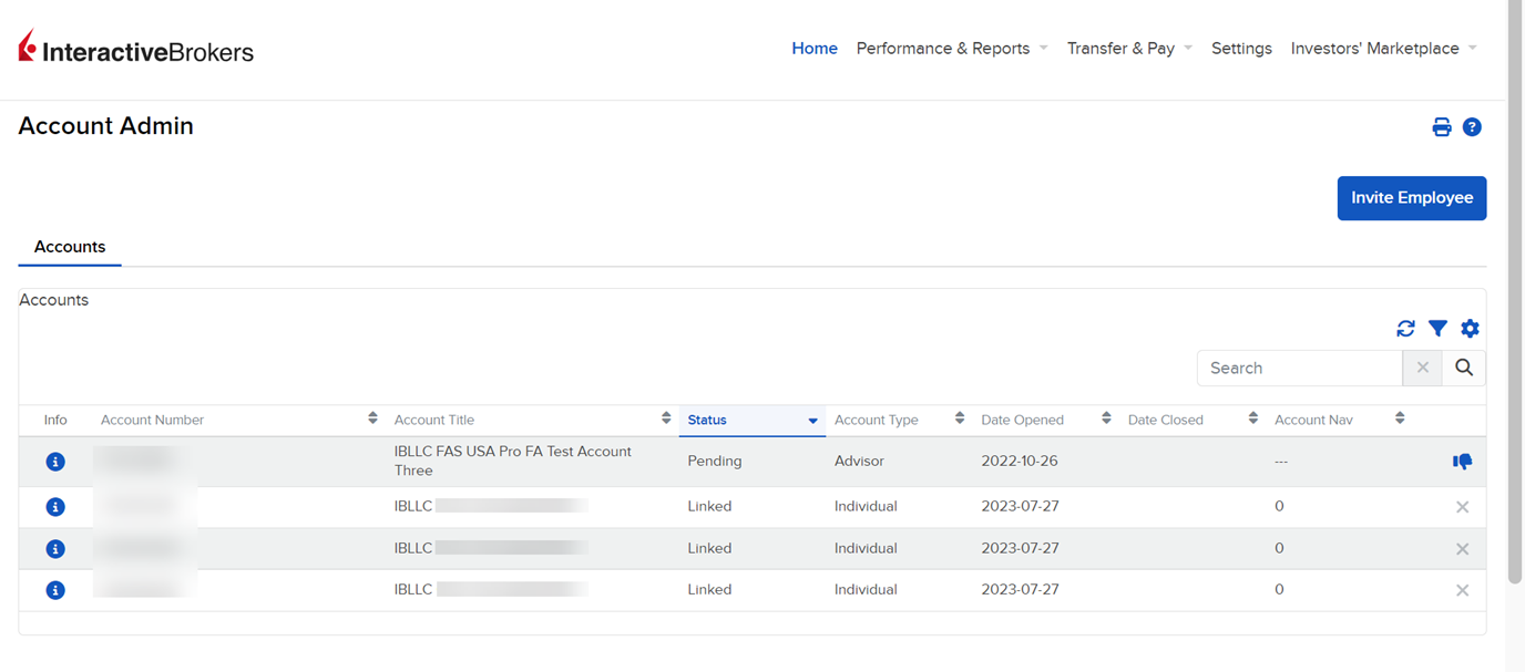 The account admin home page in portal. 