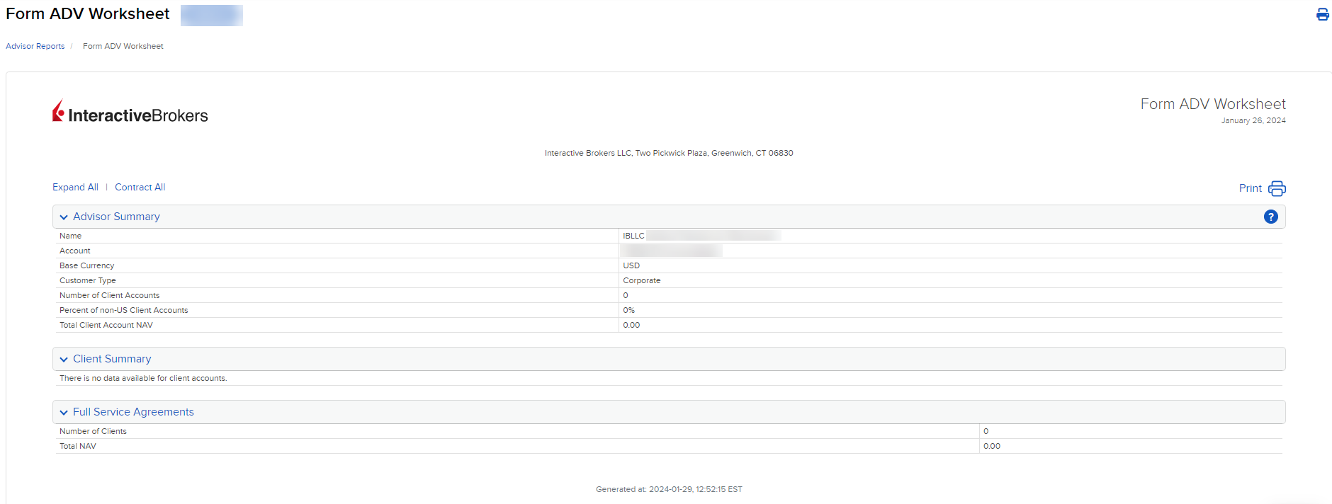 Image of the form ADV worksheet report in advisor portal. 