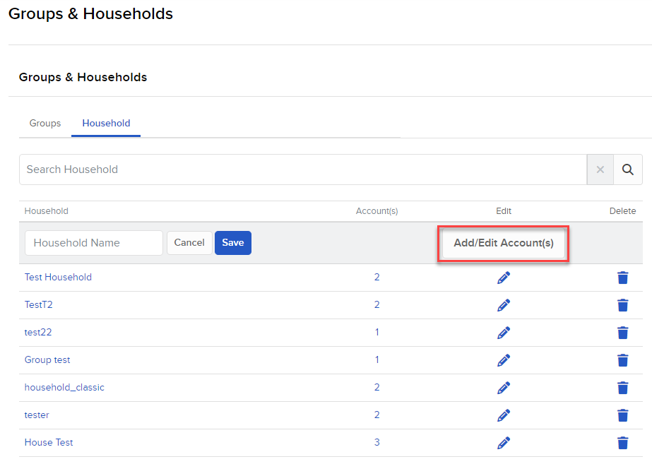 Image of the groups & households add/edit account(s) - household panel in portal. 