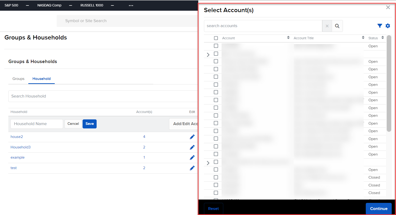 Image of the groups & households select account(s) household panel in portal. 