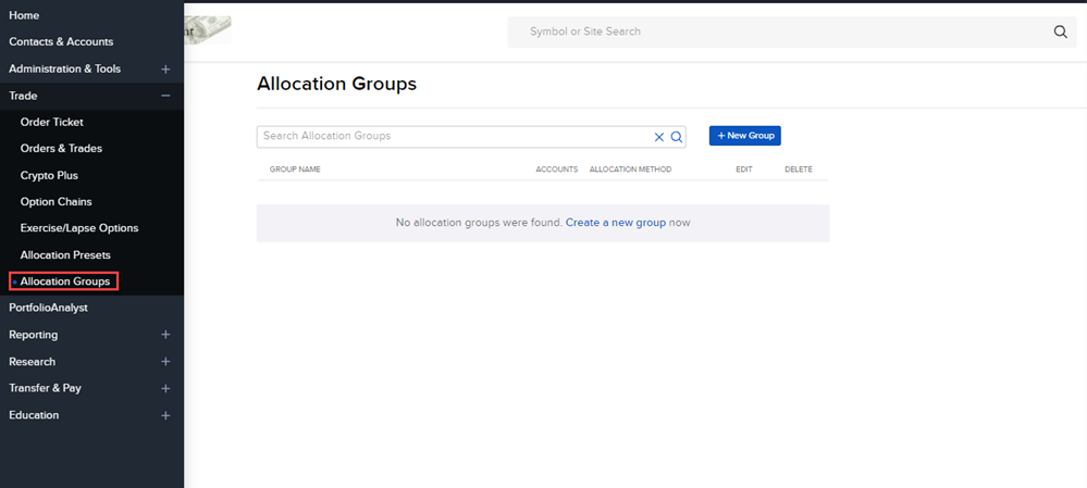 Image of the allocation groups panel in portal. 