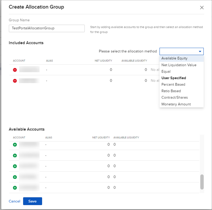 Image of the create allocation group panel in portal. 