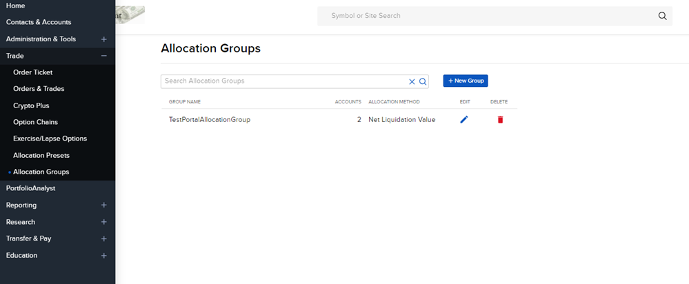 Image of the allocation groups list in portal. 