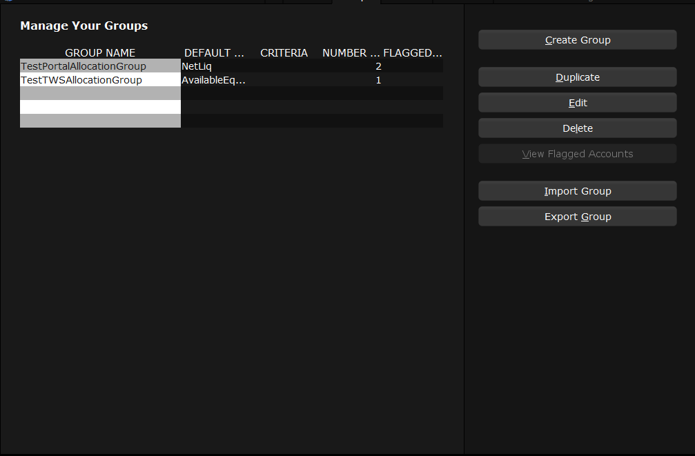 Image of the allocation groups in Trader Workstation. 