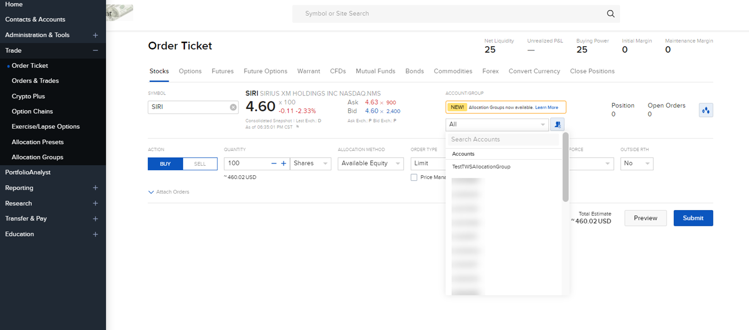 Image of the allocation groups in Portal. 