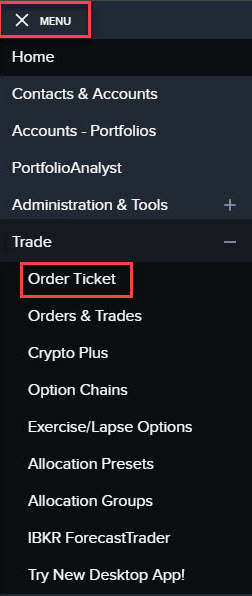 Image of the trade menu in Advisor Portal. 