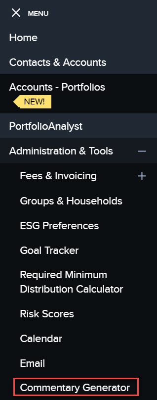 Image of the commentary generator option in advisor portal. 