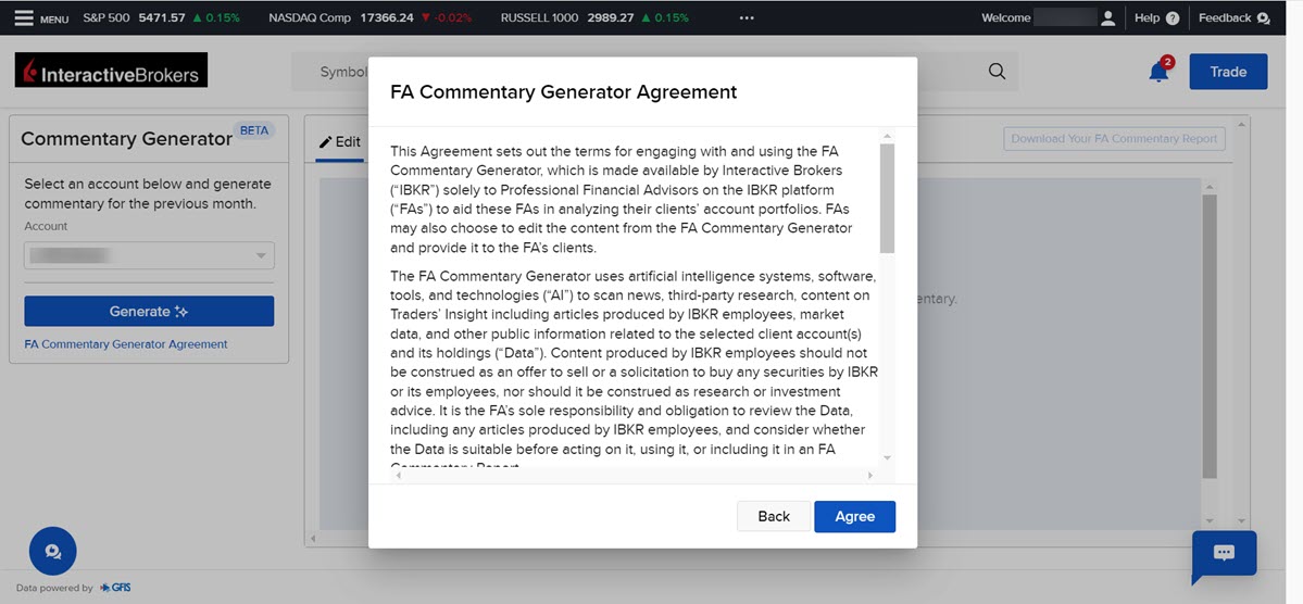 Image of the FA commentary generator agreement popup in advisor portal. 