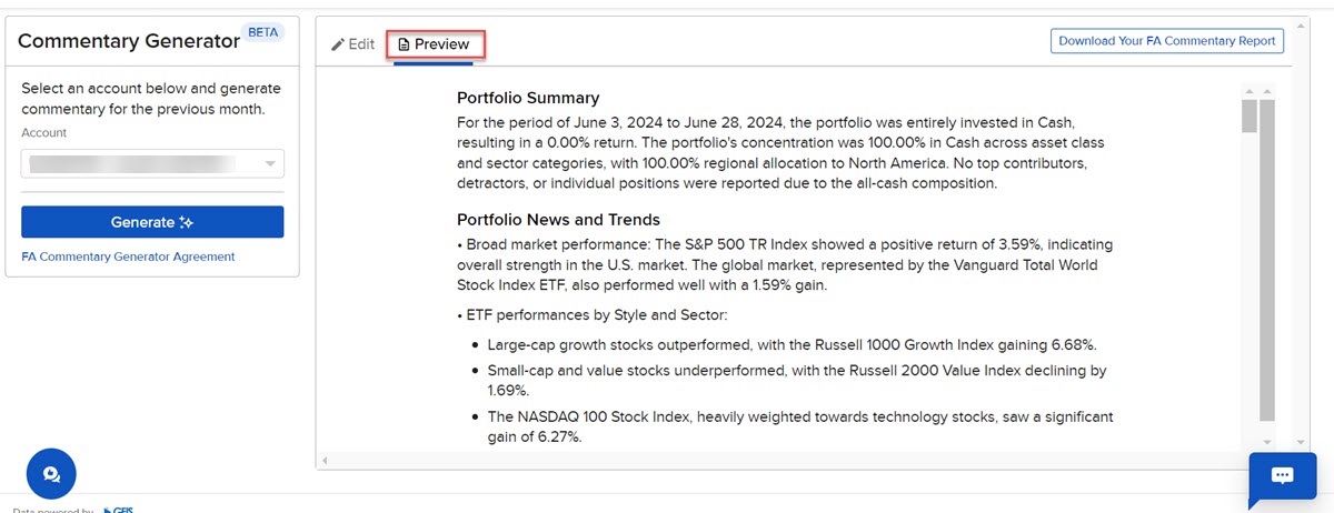 Image of the commentary generator preview in advisor portal. 