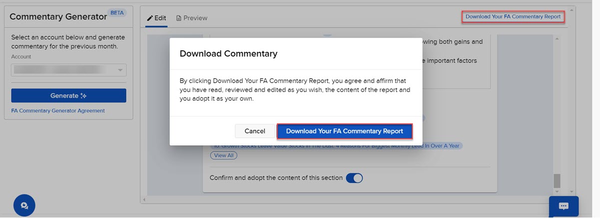 Image of the download your FA commentary report button in advisor portal. 