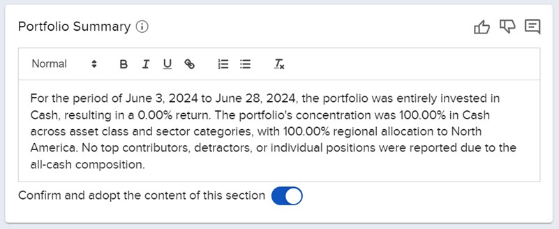 Image of the commentary generator sample portfolio summary in advisor portal.