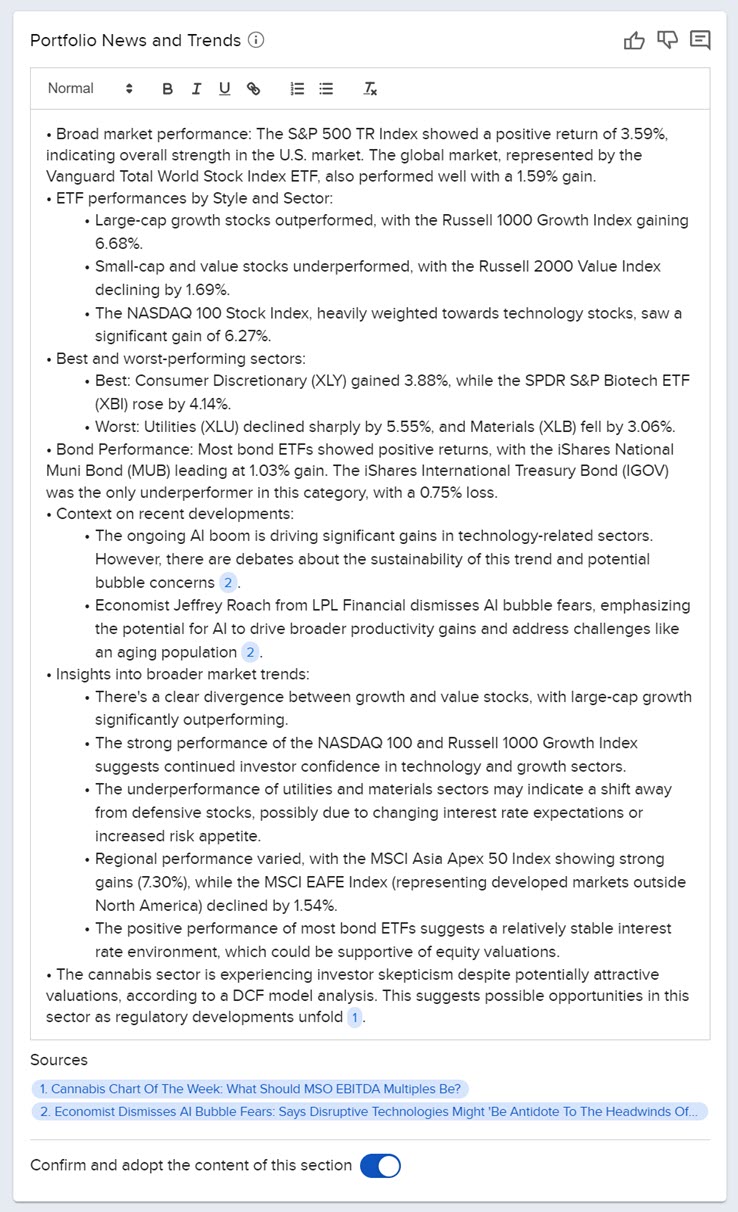 Image of the commentary generator sample portfolio news and trends in advisor portal. 