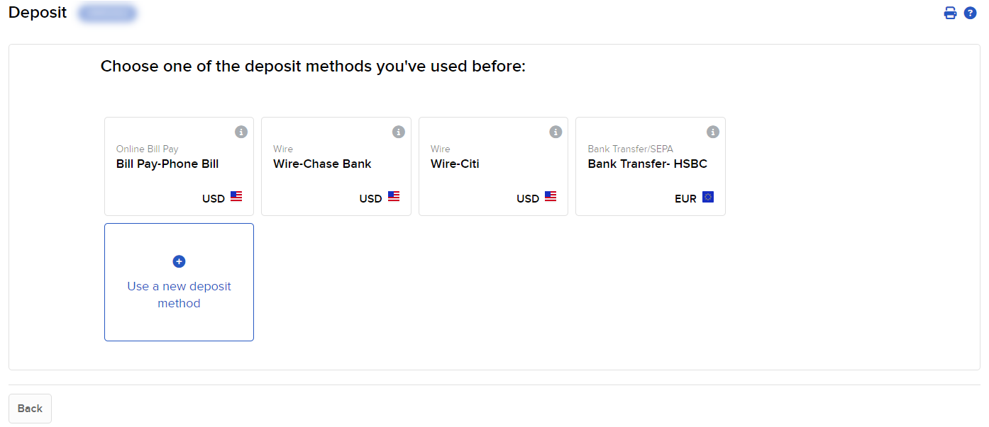 Image of the deposit funds panel in Portal. 