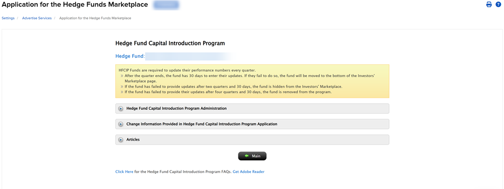 The hedge fund marketplace application introduction program application in portal. 