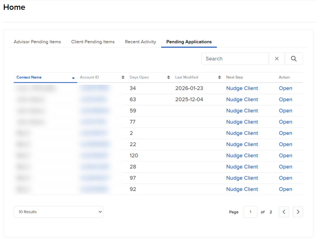 Image of the pending applications panel in portal. 