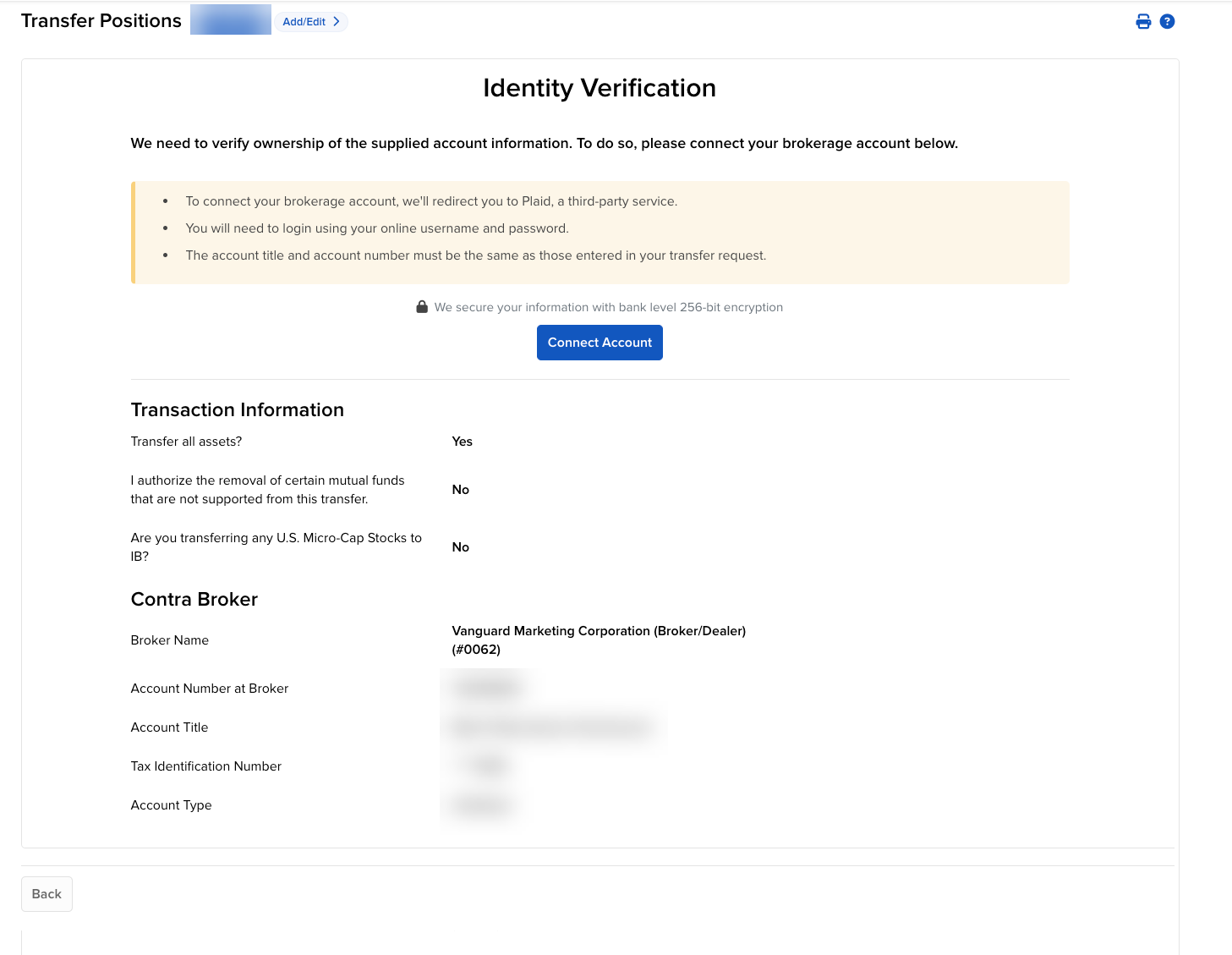 Image of the transfer positions plaid verification panel in portal. 