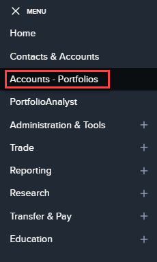 Image of the accounts portfolios section in advisor portal. 