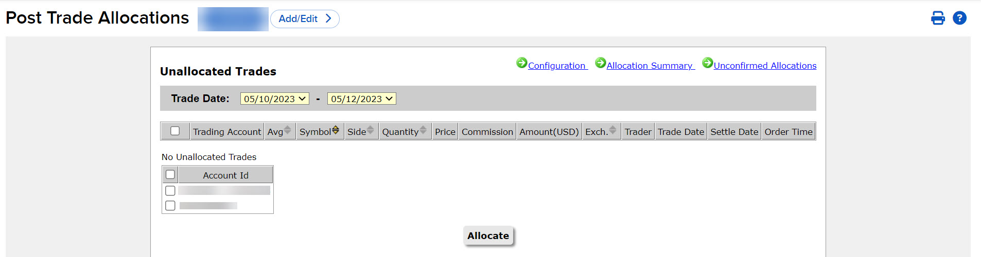 Image of the post trade allocation panel in portal. 