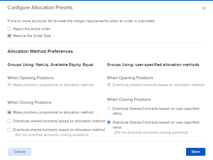 Image of the configure allocation presets in portal. 