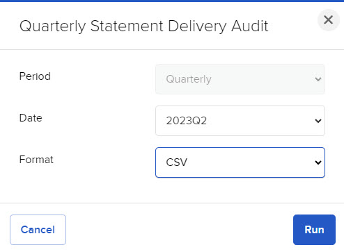 Image of the quarterly statement delivery audit panel in advisor portal. 