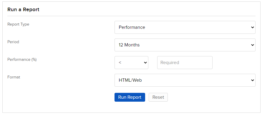 Image of the run a report on performance panel in portal. 