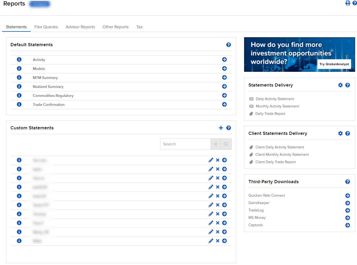 Image of the statements panel in portal. 