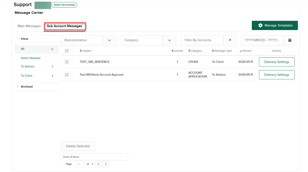 Sub Account Messages Tab in Portals