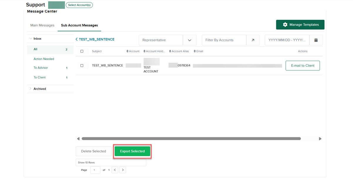 Export Selected Sub Account Messages in Portals