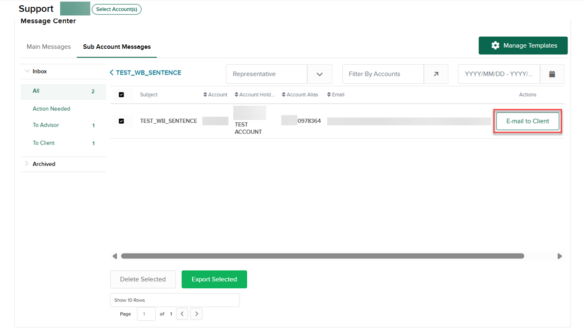 Email to Client Sub Account Messages in Portals