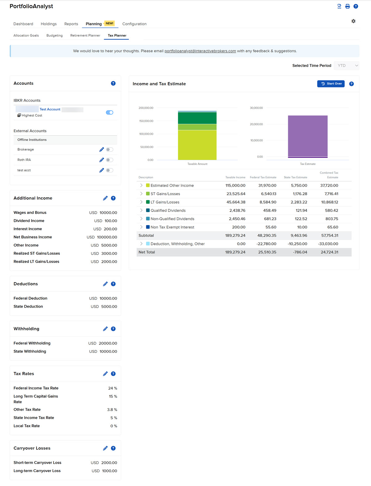 Income and Tax Estimate Section of Tax Planner