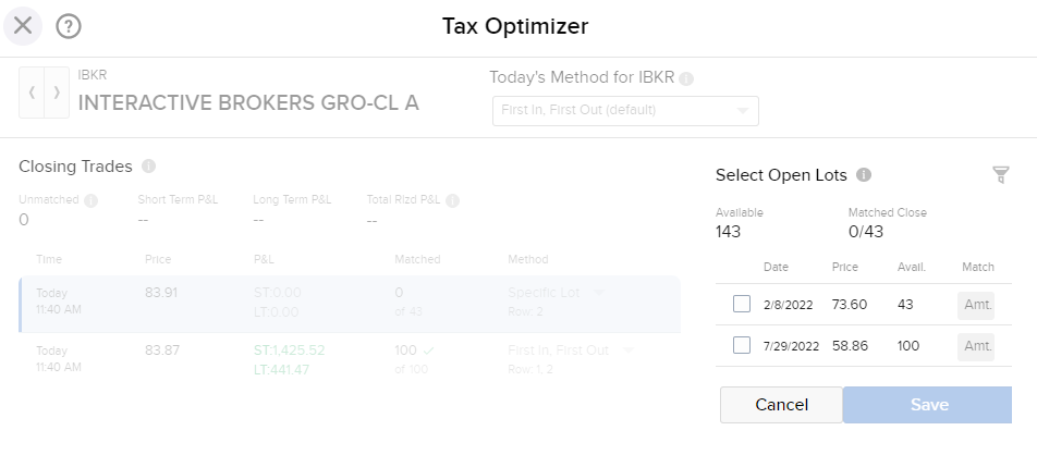 Image of the tax optimizer matching lots panel in Portal. 