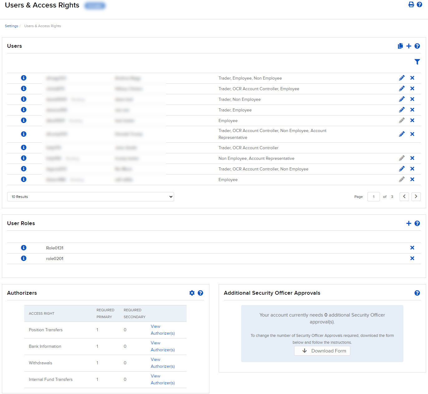 Image of the users and access rights panel inPortal. 