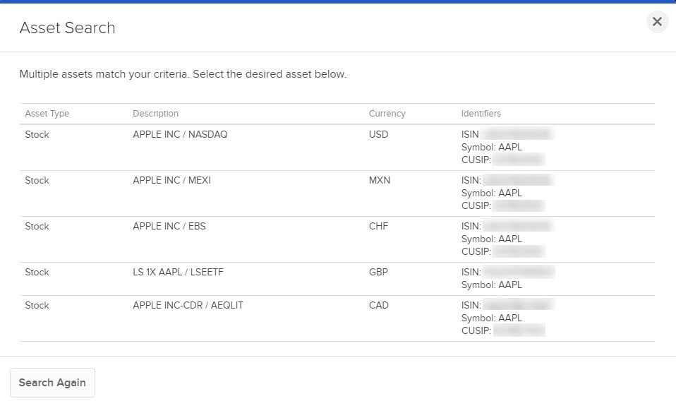 The asset search window results panel in Portal. 