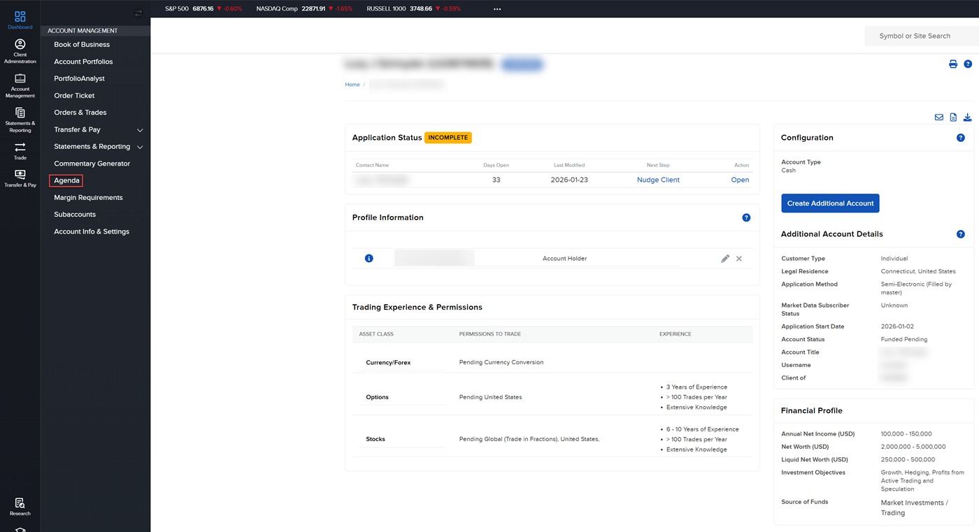 The agenda menu in advisor portal for DocuSign