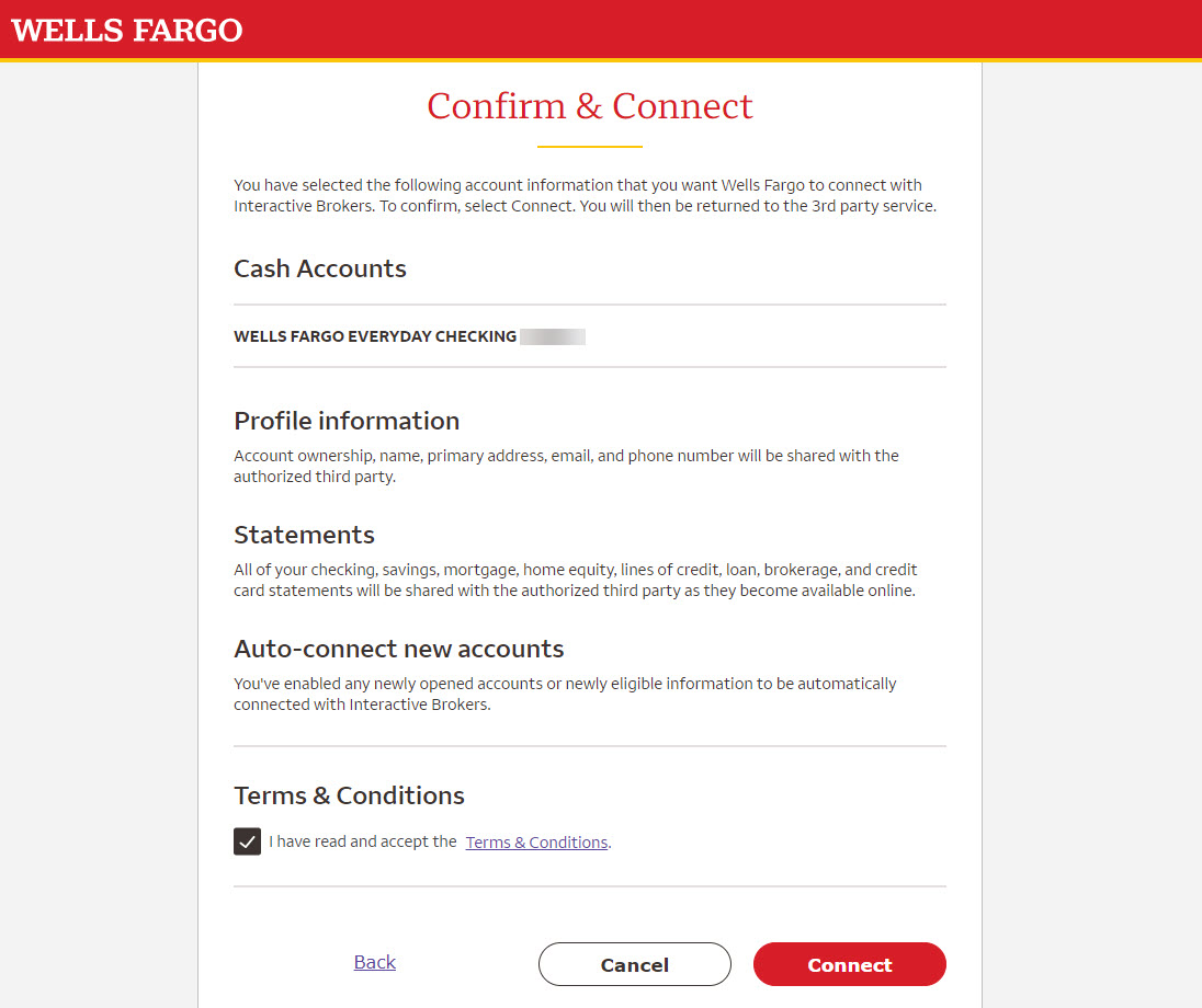 The confirm and connect with bank page. 