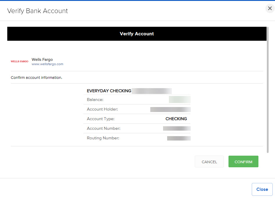 The verify bank information page. 