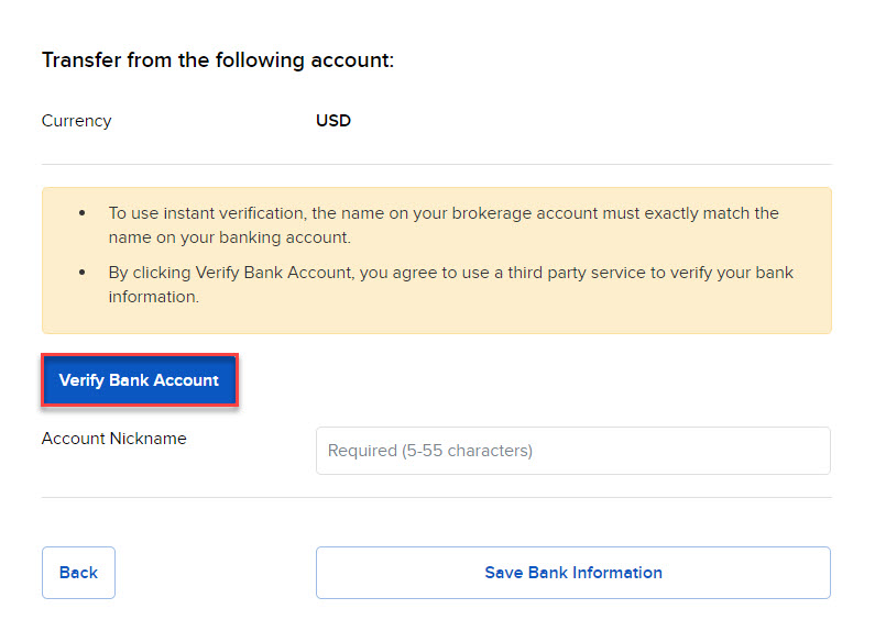 The verify bank account panel in portal. 