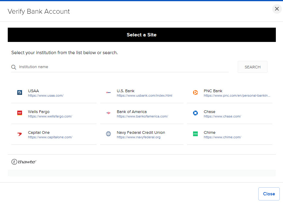 The verify bank account panel in portal. 