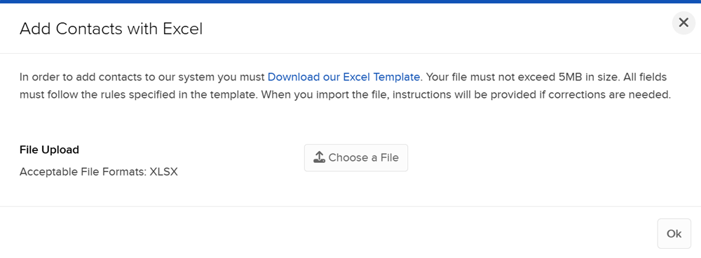 The add contacts with excel panel in portal. 