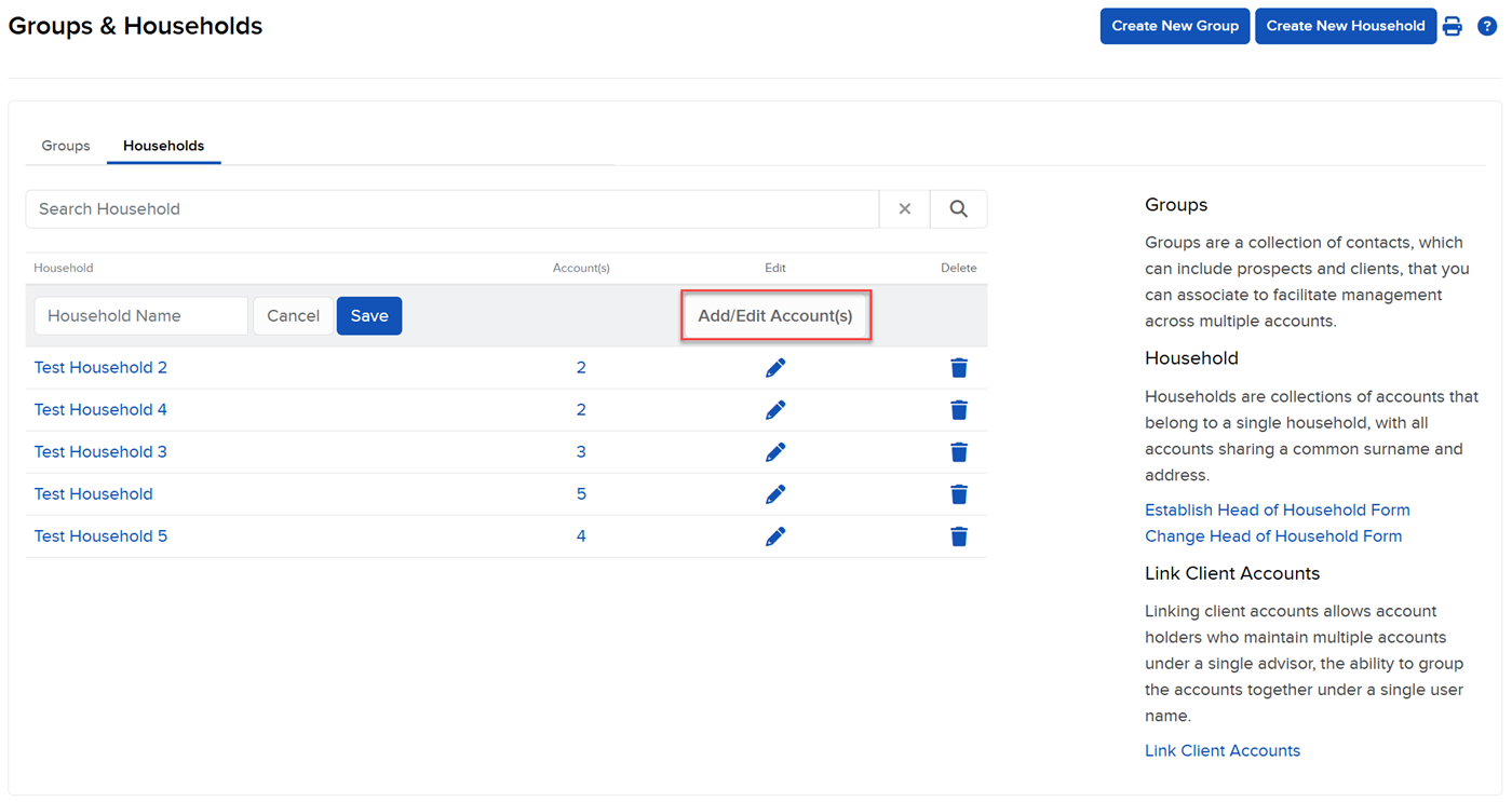 Image of the groups & households add/edit account(s) - household panel in portal. 