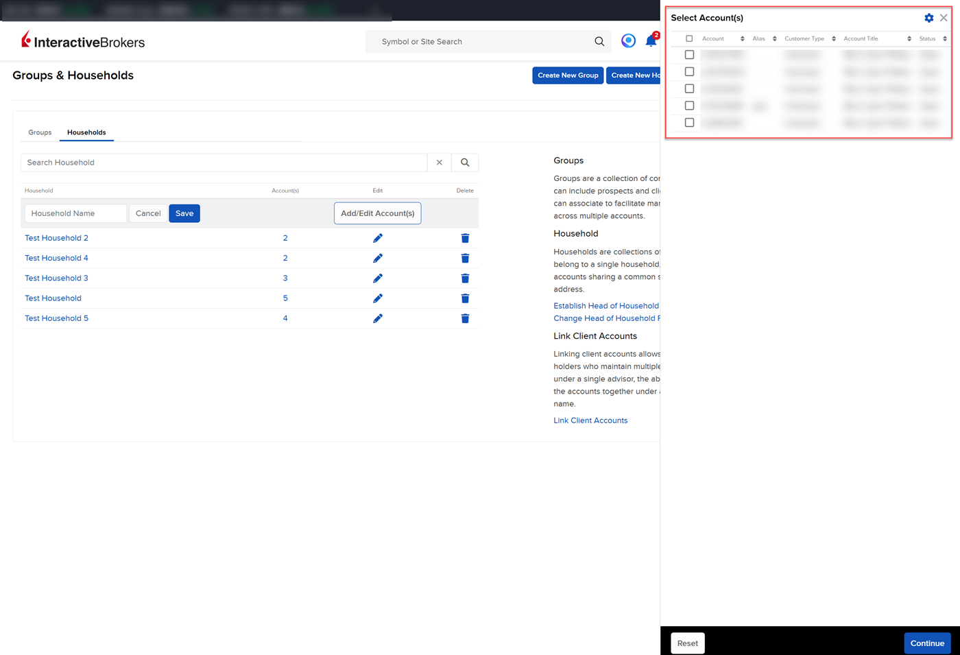 Image of the groups & households select account(s) household panel in portal. 