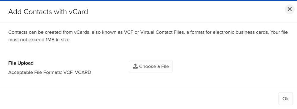 The add contacts with vCard panel in portal. 