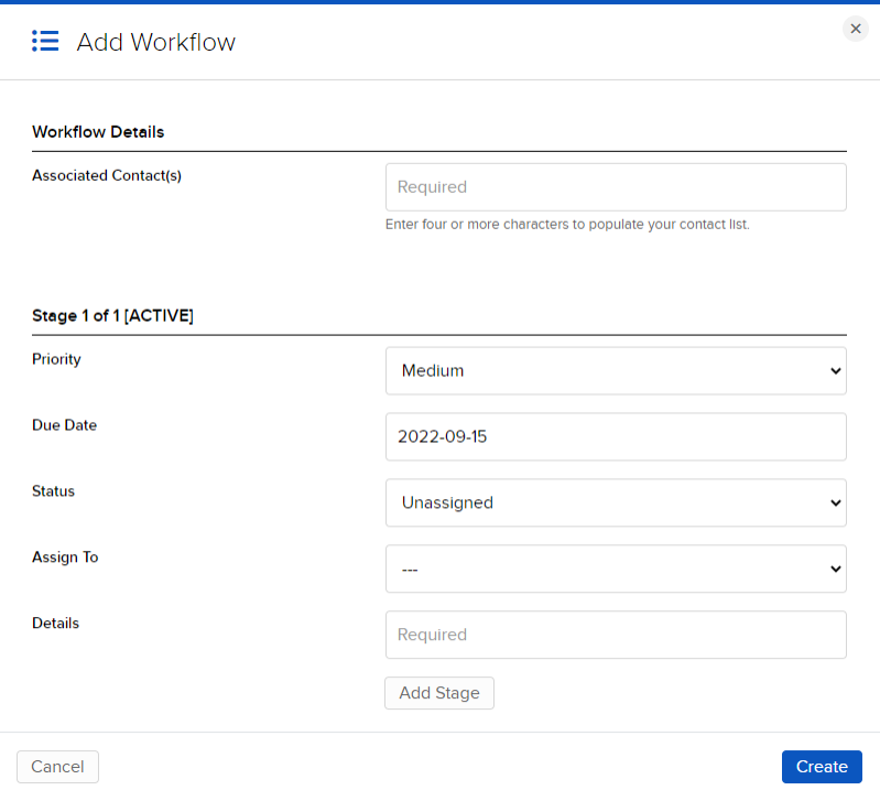 The add workflow panel in portal. 