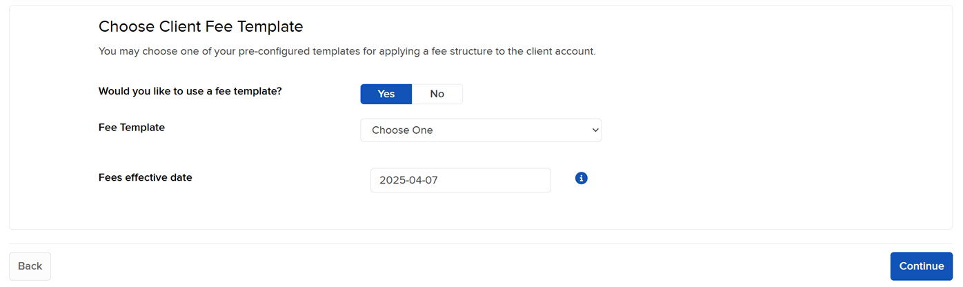 The choose client fee template in Portal. 