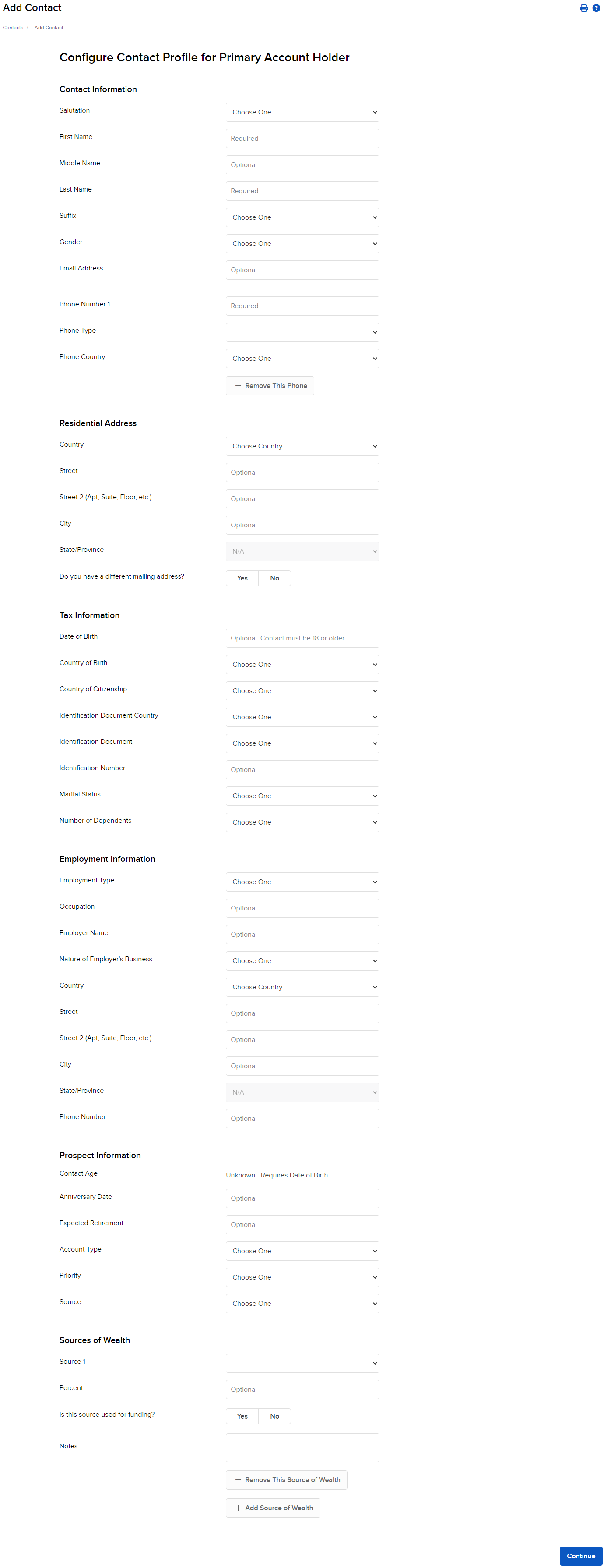 The configure contact profile for primary account holder panel in portal. 