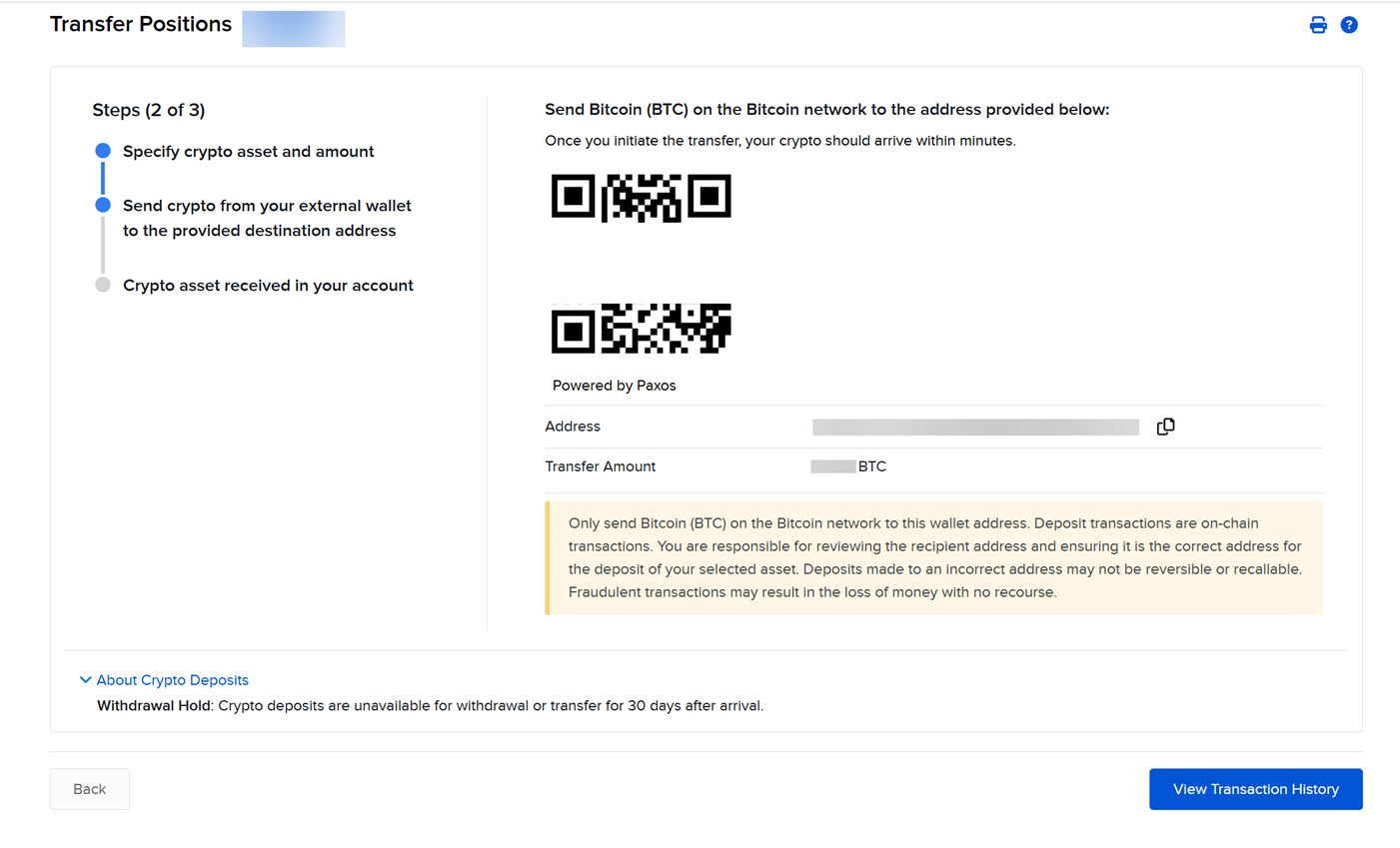 Initiate Crypto Deposit in Portal 