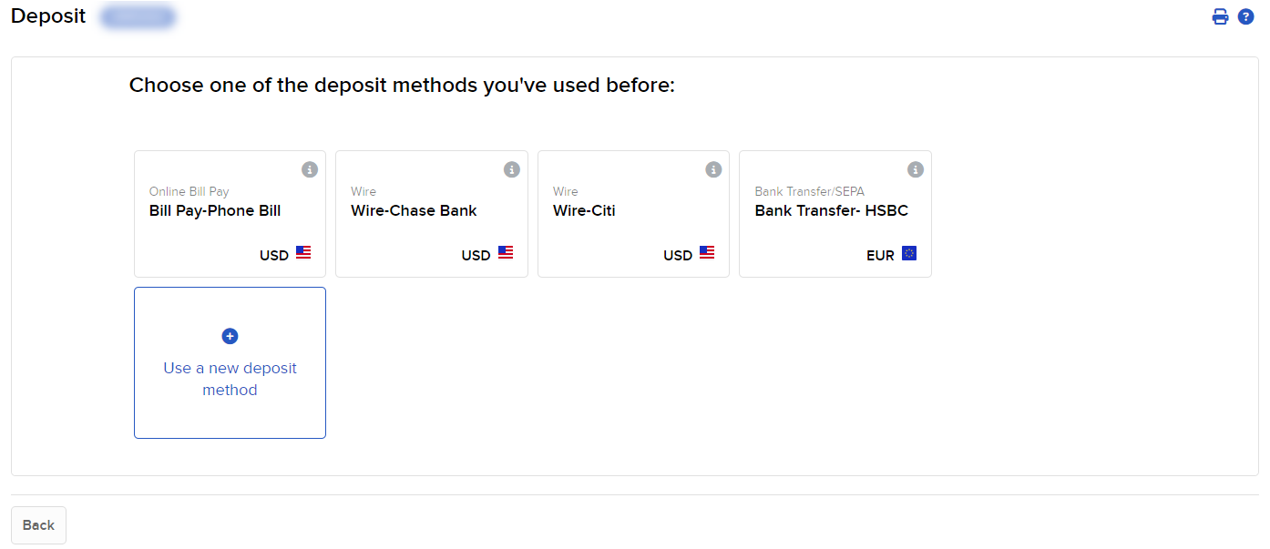 The deposit funds panel in Portal. 