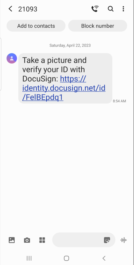 The DocuSign client text message screen. 