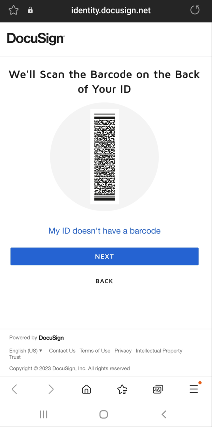 The DocuSign back of your ID barcode scan screen. 