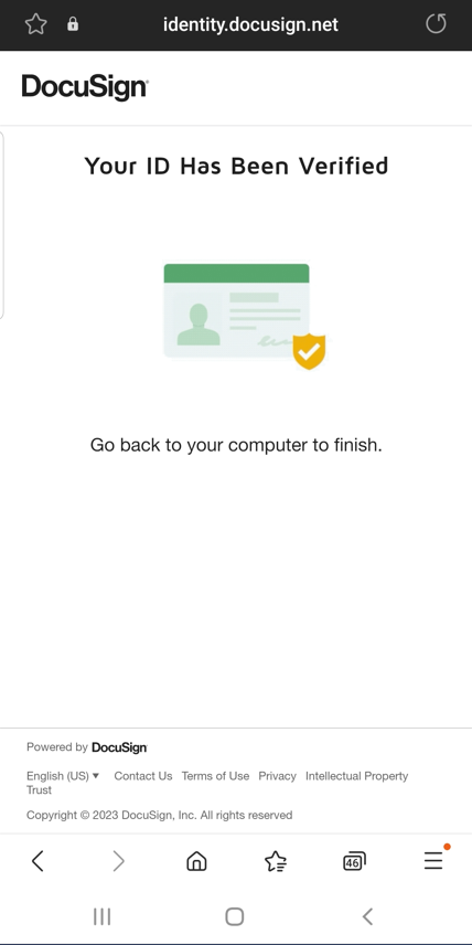 The DocuSign your ID has been verified mobile screen